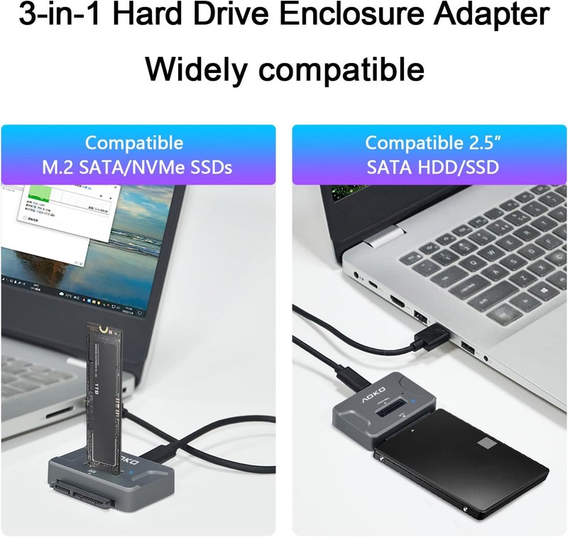 AOKO محطة قراءة SSD NVMe إلى USB 3.2 (10Gbps) - محول USB محمول لـ M.2 SSD حاوية خارجية لـ NVMe SSD و M.2 PCIe NVMe و M.2 SATA SSD، متوافق مع محرك SATA 2.5'' - Image 4
